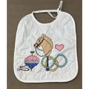 Vintage Baby Bib Quilted Cross Stitch Hobby Horse Pastel Nursery Decor Handmade